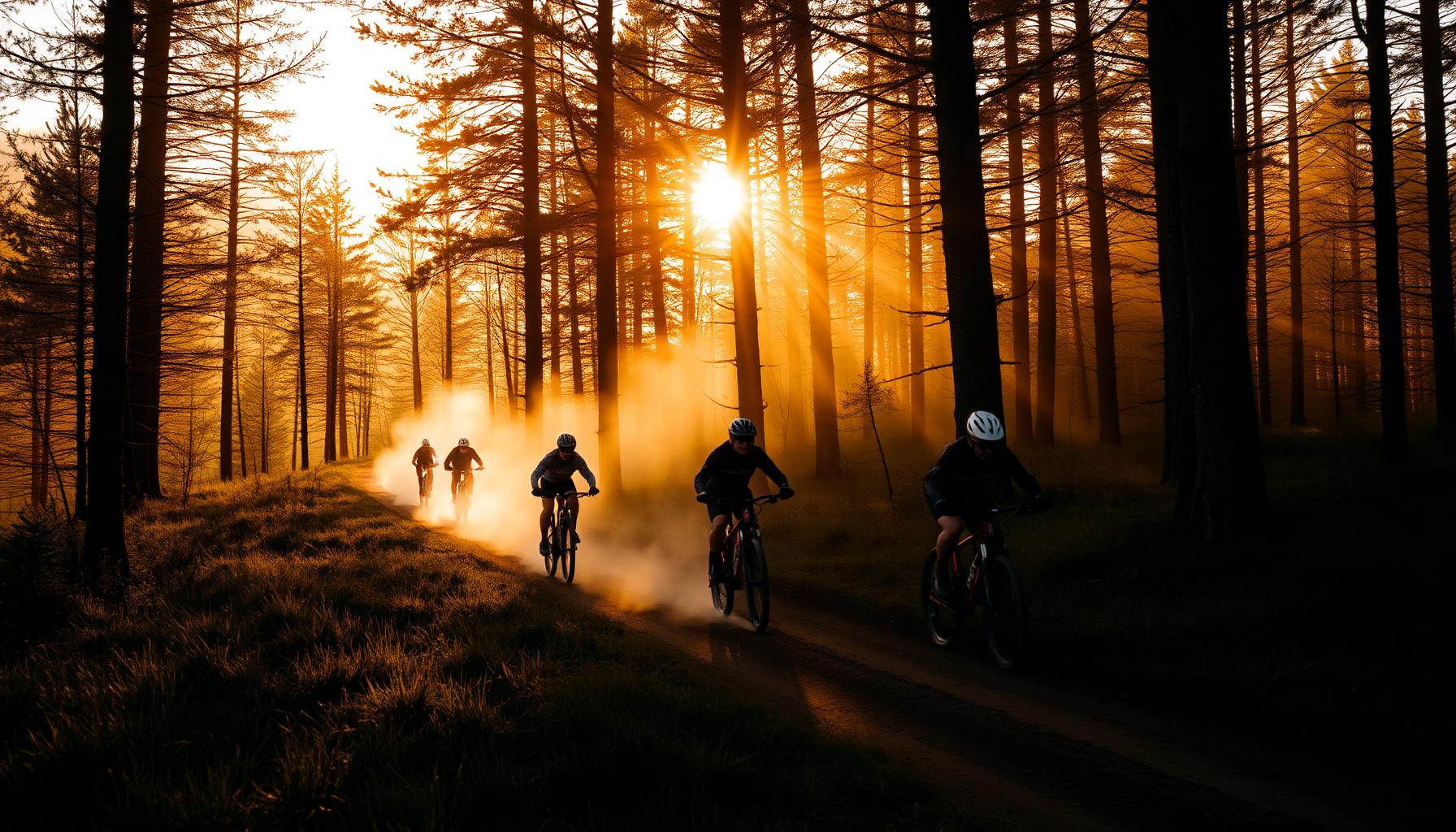 Grupo de ciclistas em trilha florestal ao pôr do sol